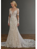 Long Sleeve Beaded Ivory Lace Tulle Deep V Buttons Back Wedding Dress